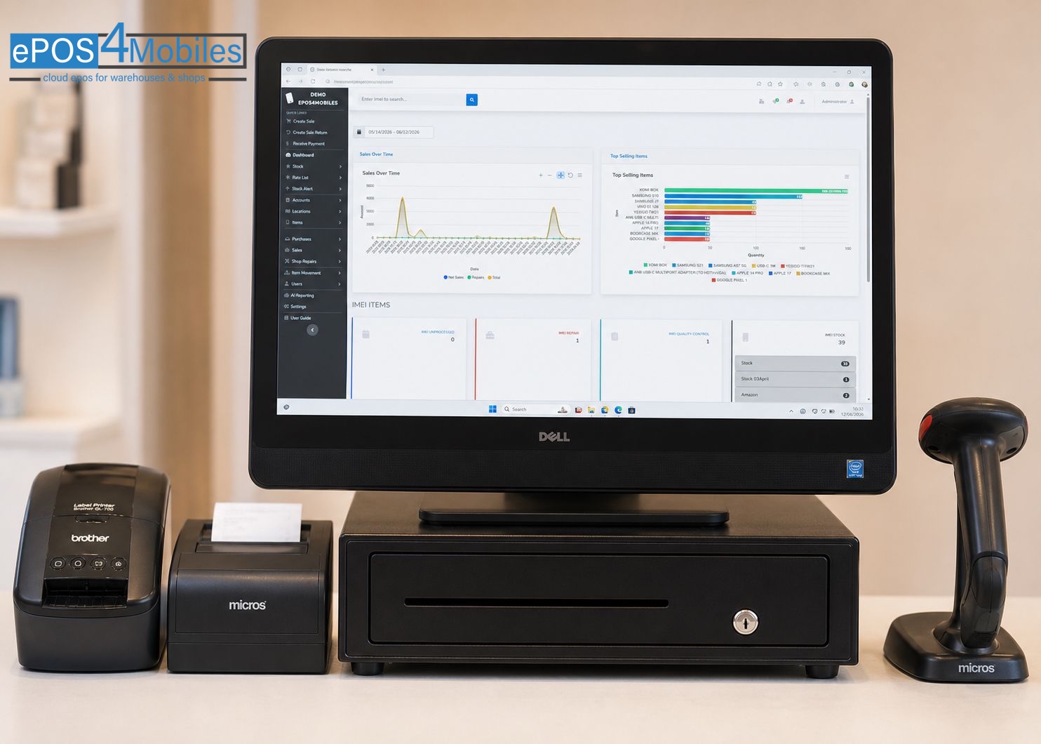 All-in-one touch screen POS with label printer, receipt printer, barcode scanner and cash drawer