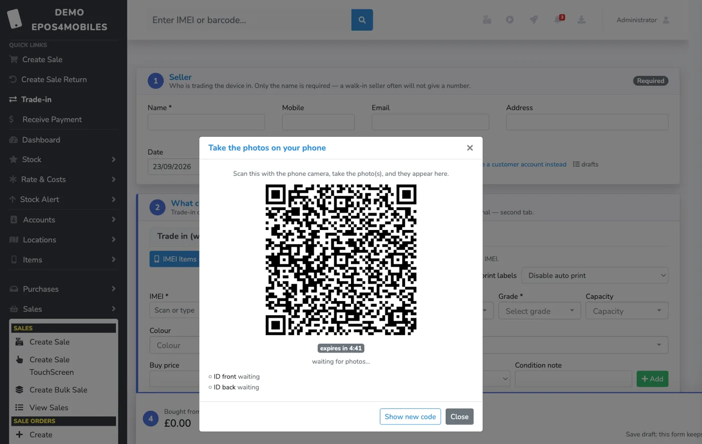 Trade-in intake form with a QR code pop-up that hands ID photo capture to the assistant's own phone